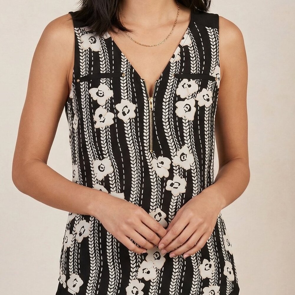 Express XS Black White Floral Zip Front Tank Top
